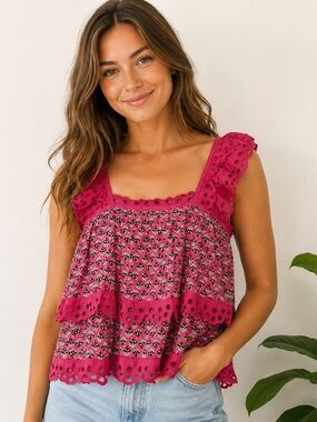 AMAAYA Pink Indian Cotton Eyelet Tiered Blouse Size S Boho Cottagecore